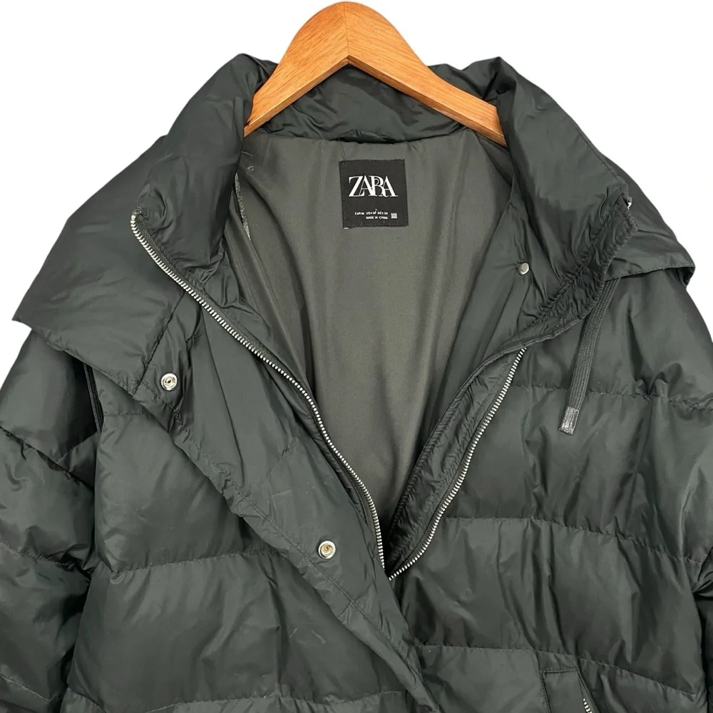 Zara Green Down Puffer Coat with Hood â Womenâs Medium - Picture 5 of 13